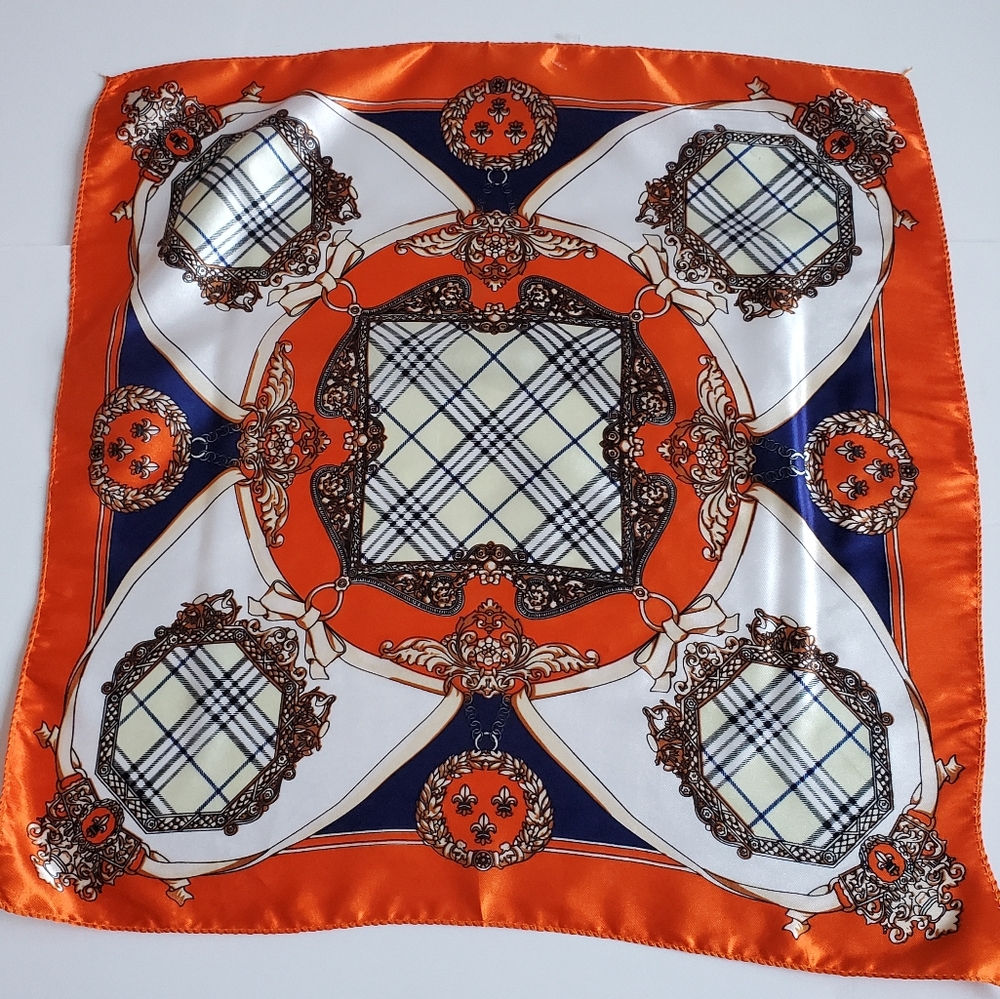 VTG Satin Regency Square Neck Scarf Nautical Theme Navy Blue White Orange Ivory